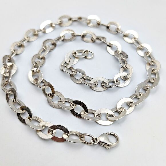 Designer Sterling Silver 925 Flat Oval Links Chain Collar Necklace 19" - Picture 1 of 14